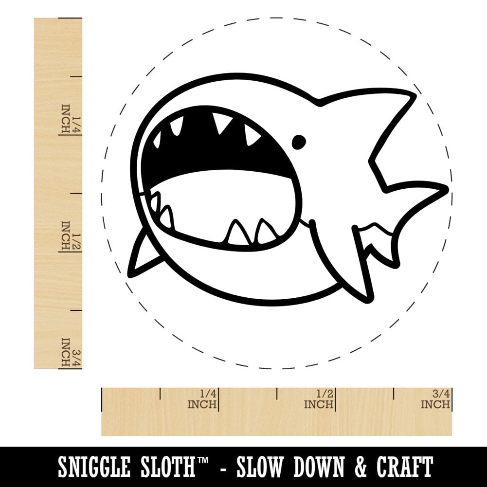 Hungry Round Shark Cute Cartoon Self-Inking Rubber Stamp Ink Stamper - Black Ink - Small 3/4 Inch