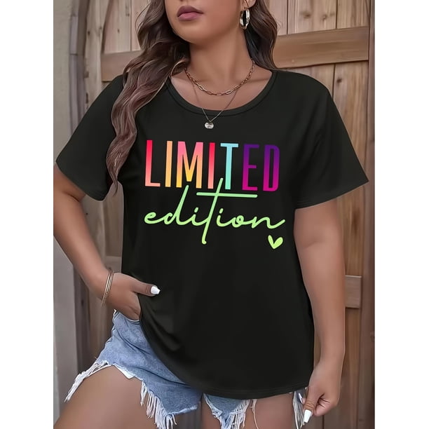 Women's Plus Size Casual T-Shirt with Colorful Letter Print - Crew Neck, Short Sleeve, Stretchy Polyester Blend, Machine Washable - Perfect for Spring & Summer Tee For Adult, Men, Women, Teen, Teenag