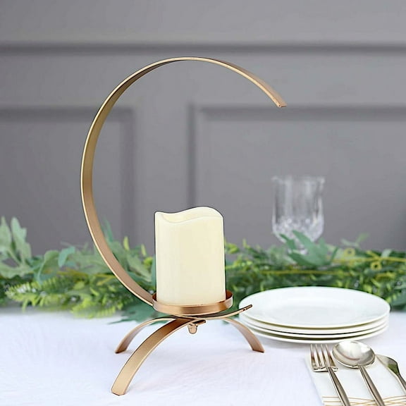 BalsaCircle Gold 13" Half Moon Shaped Metal Pillar Candle Holder Centerpiece Party Events Decorations