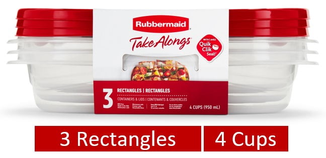 Rubbermaid TakeAlongs 4 Cup Rectangle Food Storage Containers, Set of 3, Red