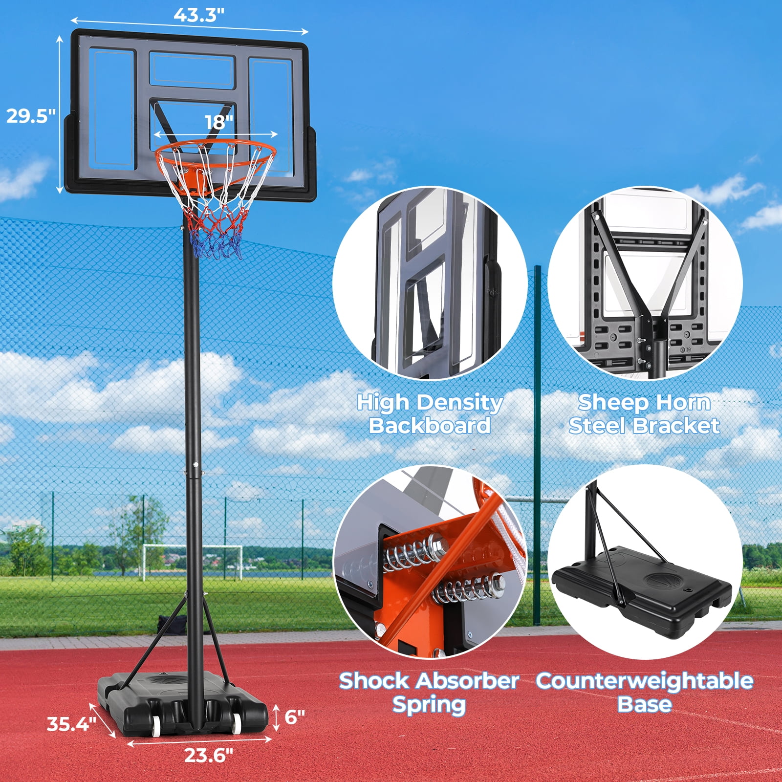 Arlopu 44'' Portable Basketball Hoop Basketball Goal System for Kids Youth, 4.4-10ft Adjustable Height, with Wheels, Indoor Outdoor Use
