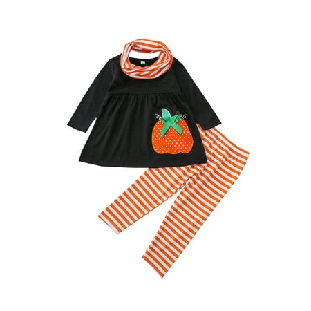 

ZIYIXIN Toddler Baby Girls Halloween Outfit Long Sleeve Ruffle Shirt Dress Top Pumpkin Pants Scarf 3Pcs Fall Clothes Black 2-3 Years