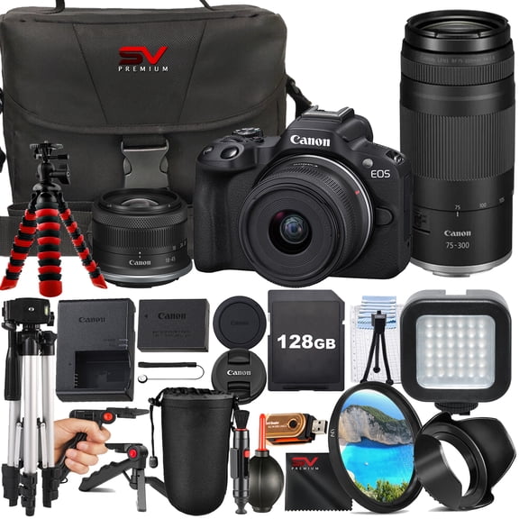 Canon EOS R50 Mirrorless Camera with RF-S 18-45mm   75-300mm Lens   128GB Memory Card   Case   Tripod   SV Premium Accessory Bundle (International Version)