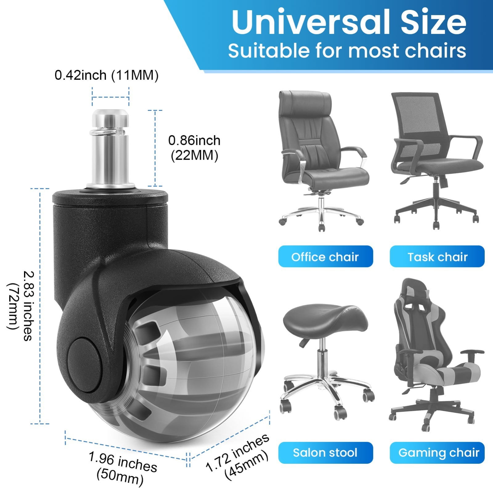 TOPCHANCES 2" Quiet Smooth Office Chair Wheels – 360° Swivel Universal Stem Caster Set of 5, for Hardwood & Carpet, No Tools