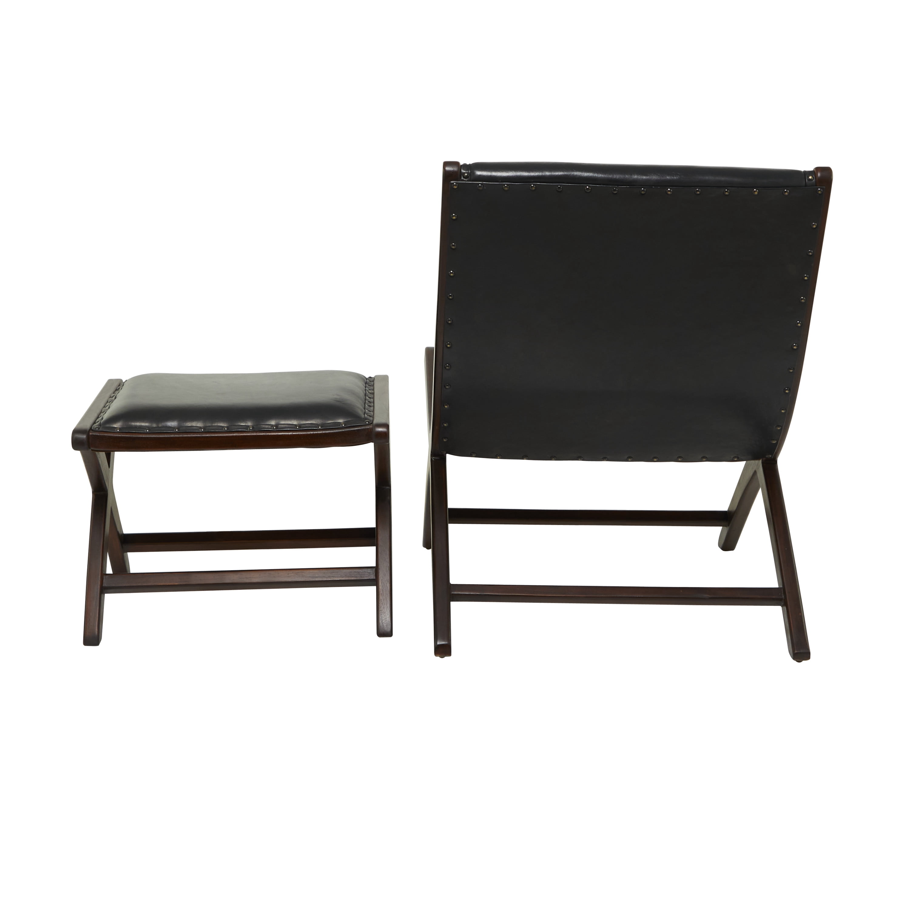 DecMode Teak Wood Handmade Upholstered Leather Chair & Ottoman Set, Black