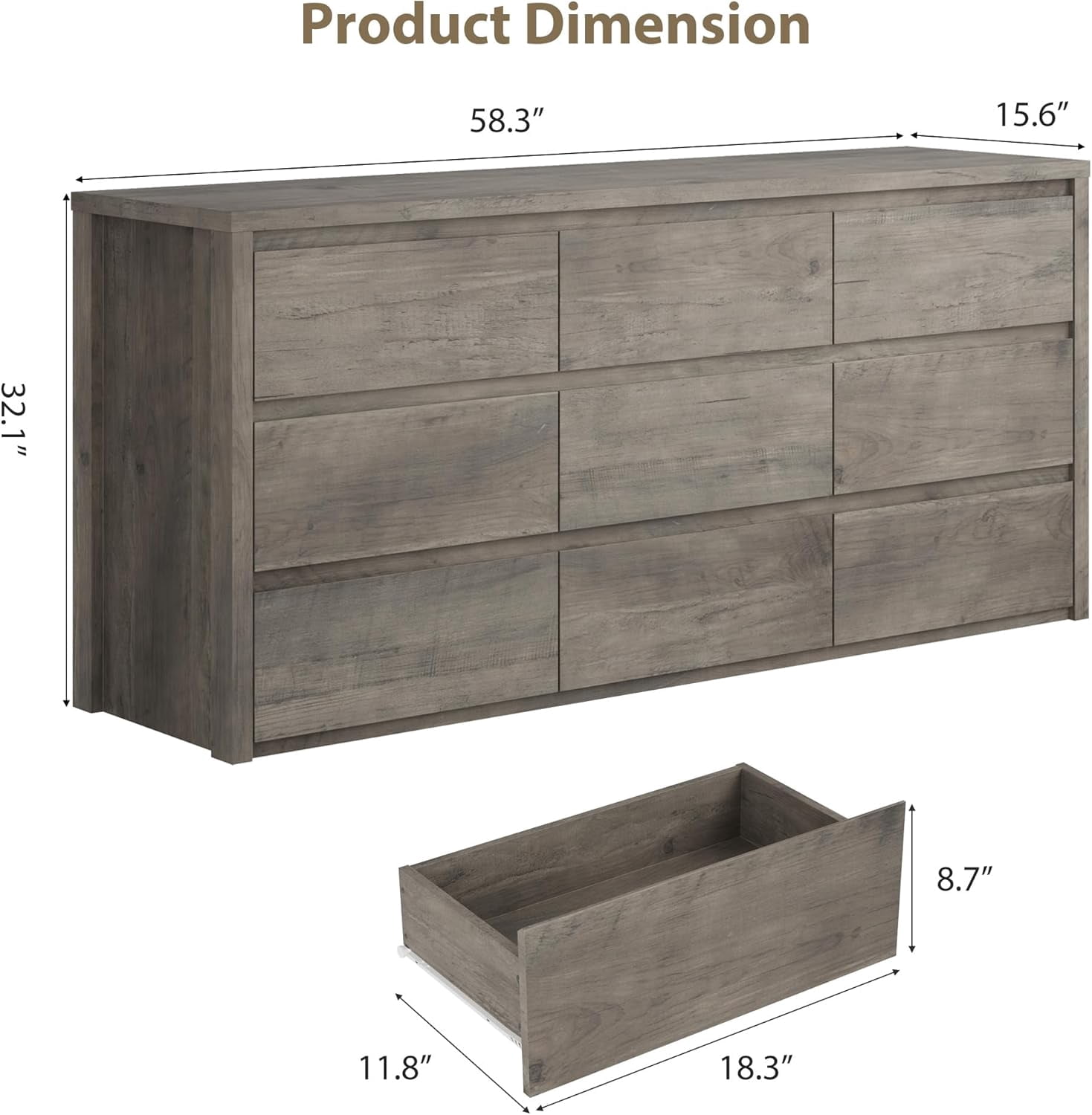 Modern 9 Drawer Dresser for Bedroom, Wide Wooden Chest, Large Storage Organizer, Versatile Furniture for Living Room Hallway Entryway - Gray