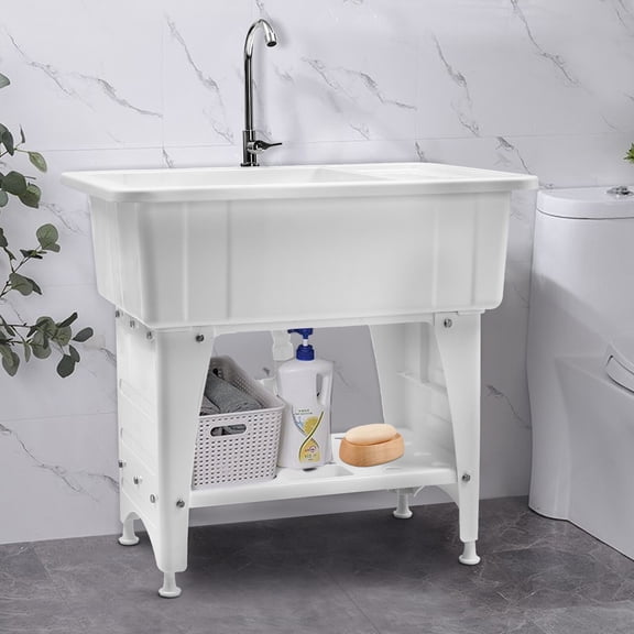 360° Adjustable Freestanding Plastic Laundry Sink White Indoor&Outdoor Utility Sink for Laundry Room