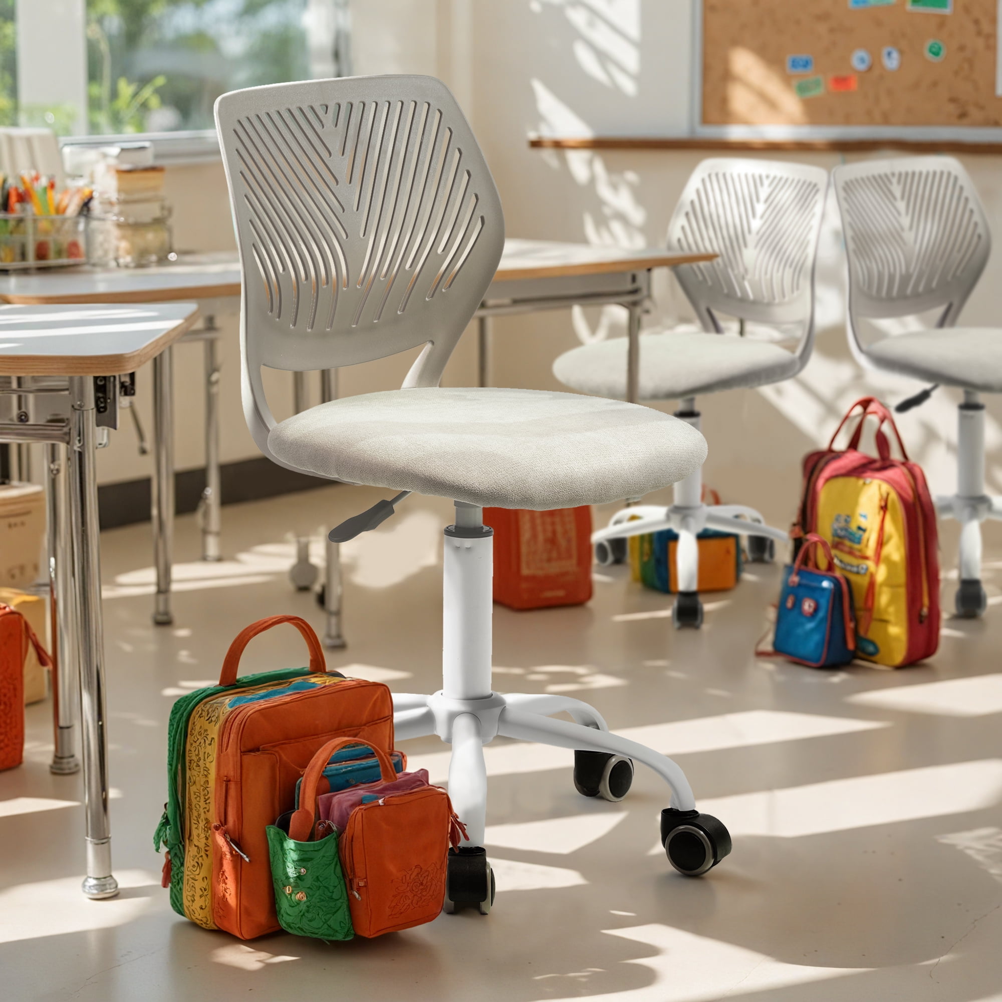 Homy Casa Boys' Girls' Swivel Study Chair with Pink Fabric Seat and Adjustable Height, Grey Fabric