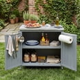 thumbnail image 2 of K&K 42.1" Outdoor Kitchen Island with Side Shelf, Outdoor Grill Cart with Storage Cabinet, Outdoor Kitchen Cabinet with Stainless Steel Top, Adjustable Shelf and 4 Wheels for Pizza Prep, Grey Blue, 2 of 6