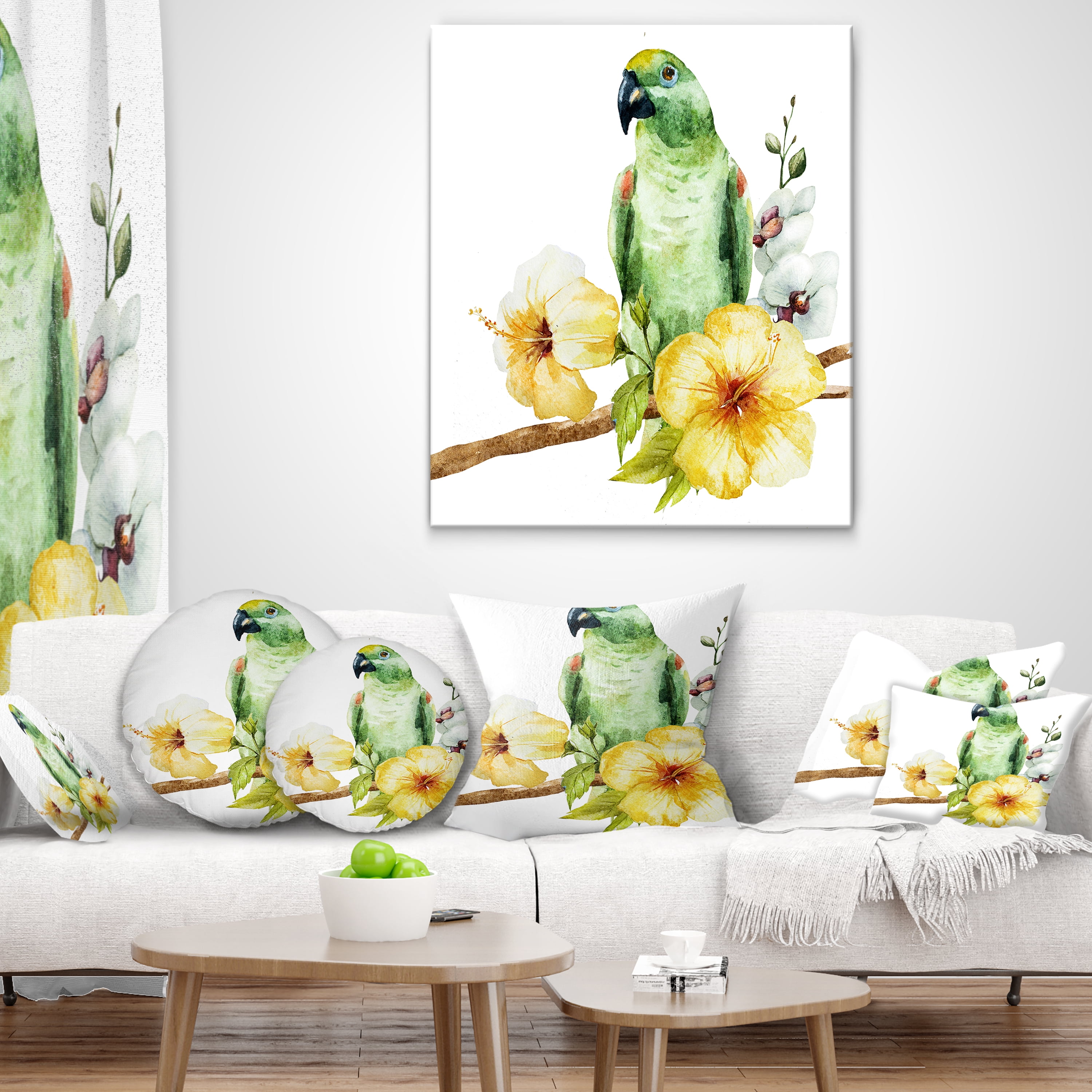 Designart Parrot with Flowers Watercolor - Floral Painting Throw Pillow - 16x16