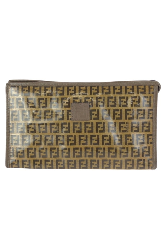 Pre-Owned FENDI Zucchino Brown Leather Clutch Bag, Second Unisex, Men's