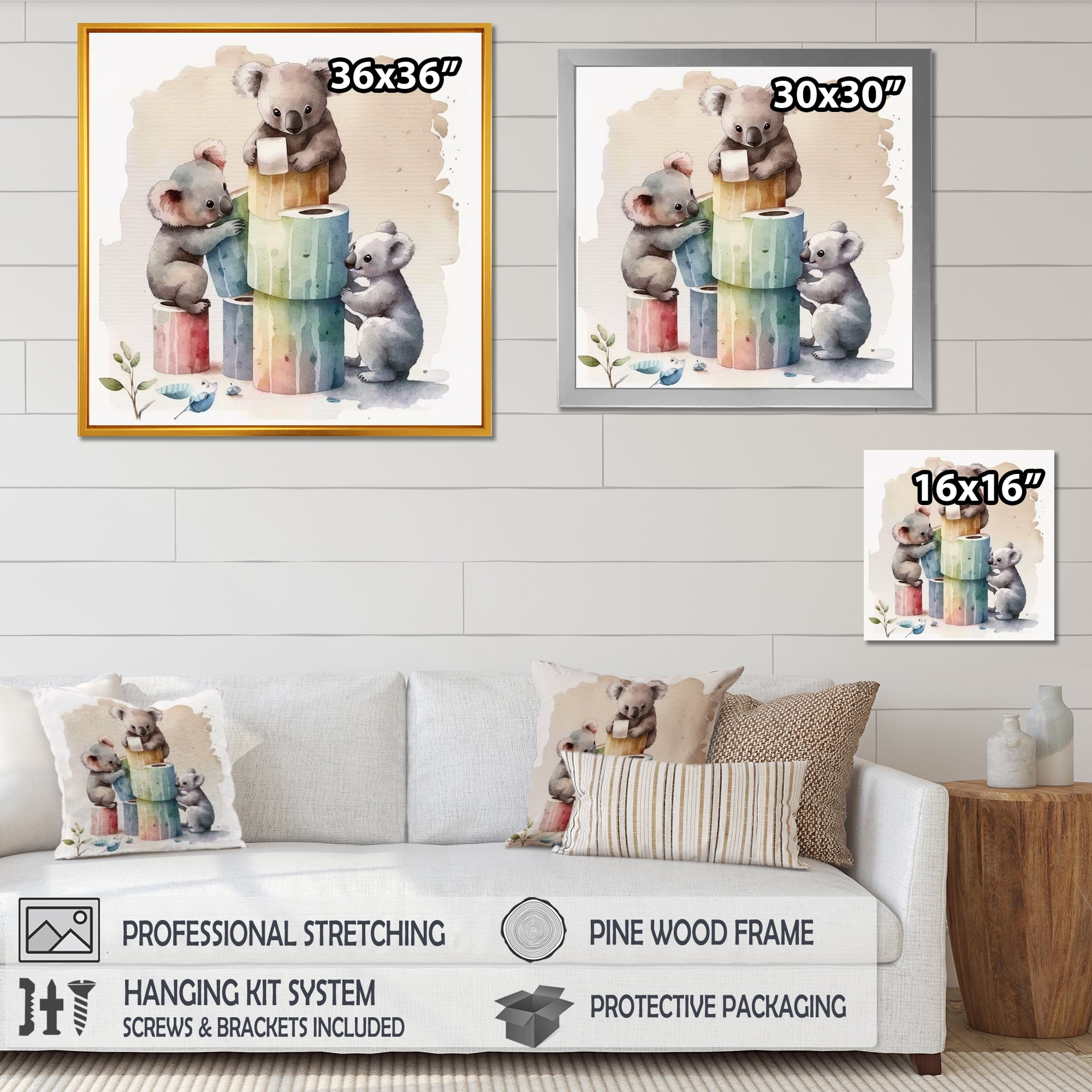 Designart Koala Bears Building A Tower Of Toilet Paper Canvas Wall Art