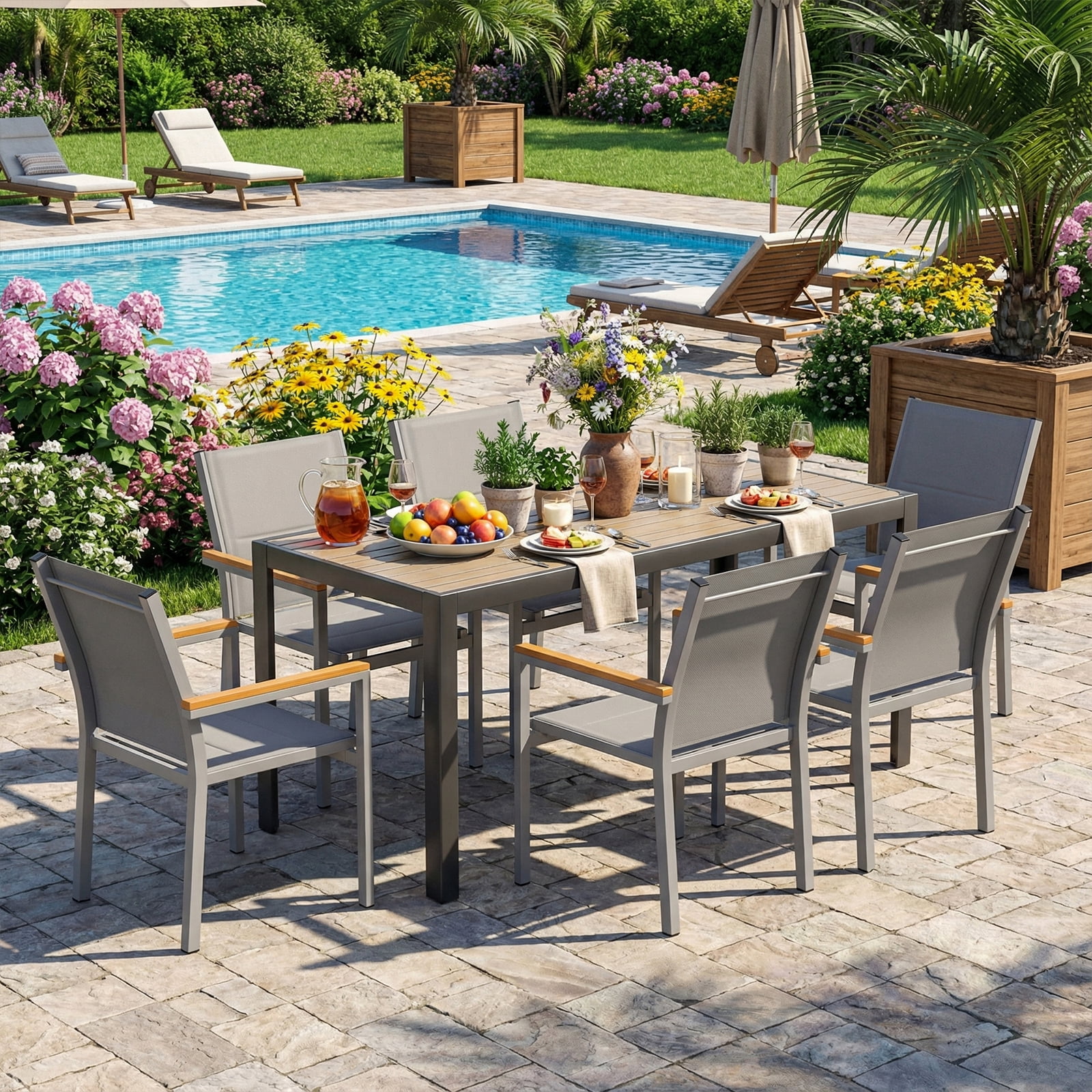 LIFERUN Patio Chairs Set of 4, Stackable Aluminum Outdoor Chair with Quilted Textilene & WPC Handrail, 17" Seat Height, All Weather Chair for Patio, Balcony, Poolside & Restaurants, Gray