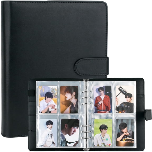 A5 Kpop Photocard Binder, 6-Ring PU Leather Photocard Collector Album with Magnetic Buckle Closure, 200 Card Slots Sleeve Organizer for Trading Cards & Photo Cards, Black