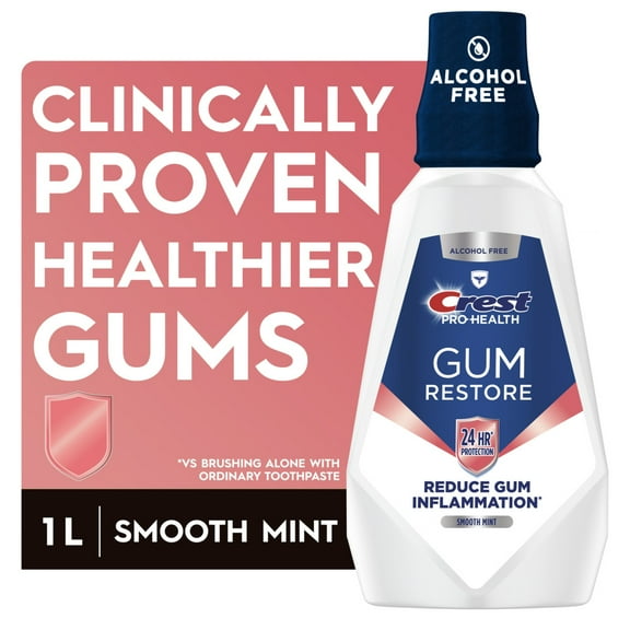 Crest Pro-Health Gum Restore Mouthwash/Mouth Rinse, Antigingivitis/Antiplaque, Clinically Proven, Fights Gum Disease, Alcohol Free, Smooth Mint - 1L (33.8 fl oz)