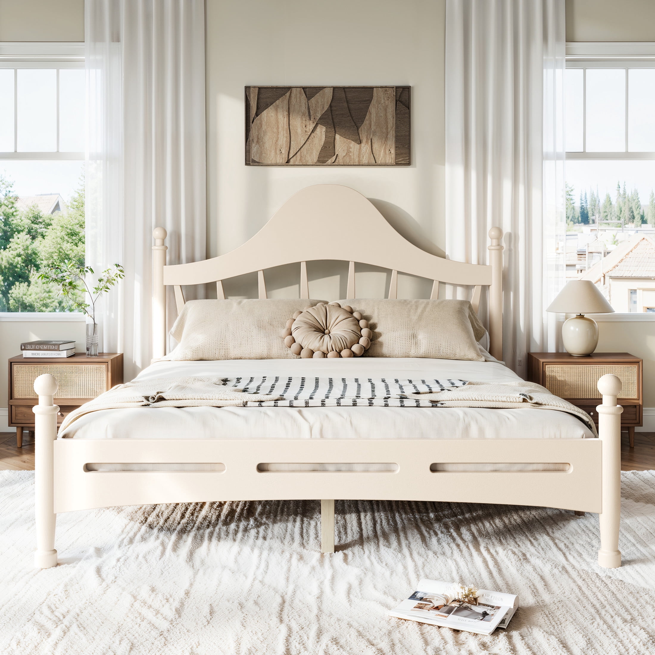 GDF Studio Queen Size Platform Bed with Curved Headboard, Solid Pine Frame, Slatted Support, Beige
