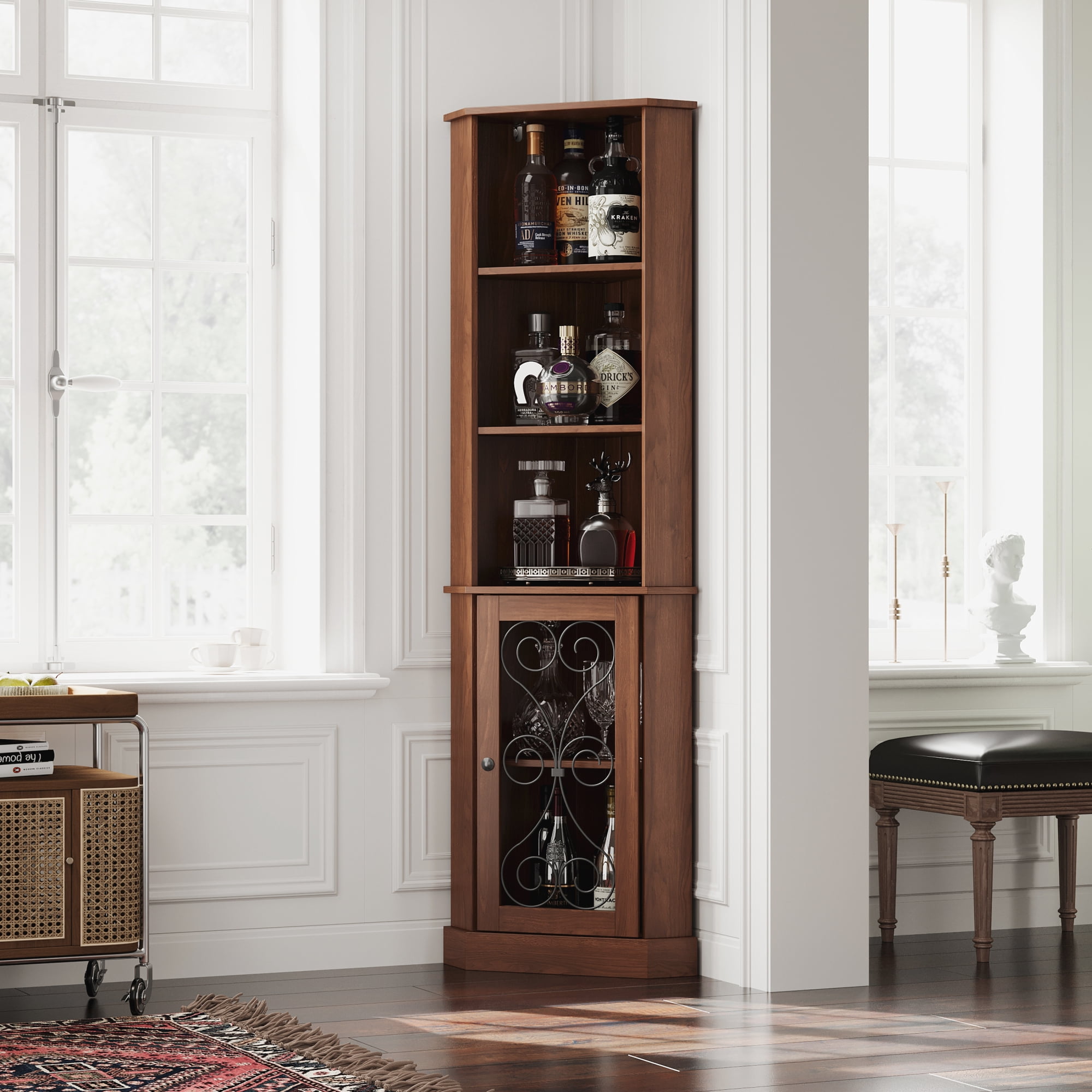Leumius Tall Corner Bar Cabinet, Narrow Wood Liquor Cabinet with Open Shelves and Metal Mesh Door, Freestanding Corner Wine Storage Cabinet for Living Room, Dining Room Home Decor