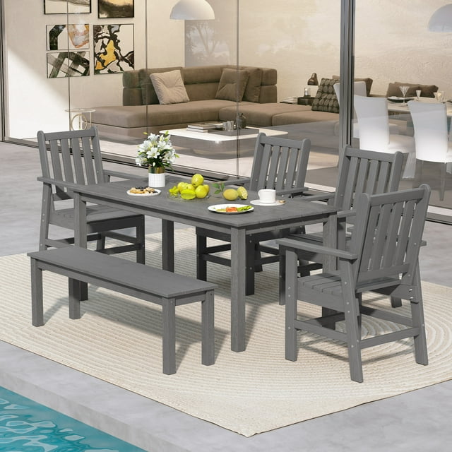 Gymax 6PCS Patio Dining Bench Set Outdoor HDPE Weather Resistant Table & Chairs Set Gray