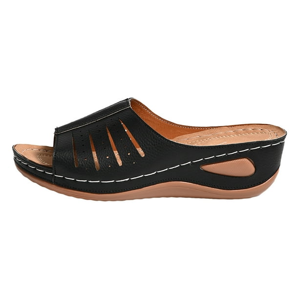 Bmisegm Ladies Summer Retro Solid Colour Hollow Fish Mouth Slope with Thick Bottom Beach Large Size Sandals Slippers Sandals Women Summer Black 6.5