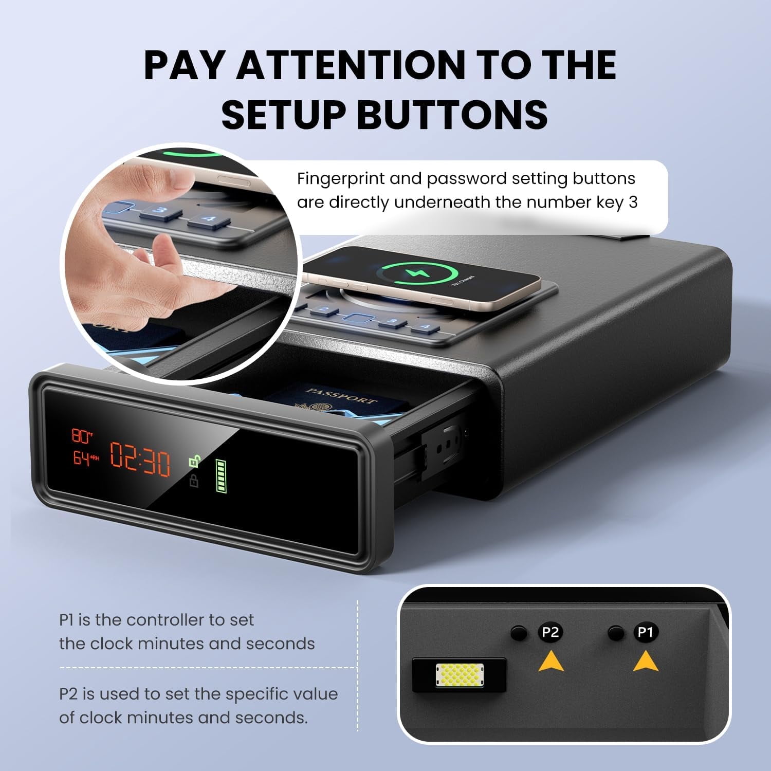 XDeer Biometric Safe with Wireless Charging - Smart Fingerprint Safe for Home, Bedside Nightstand Safe with Auto Pop-Up Drawer, Digital Clock & Keypad Entry