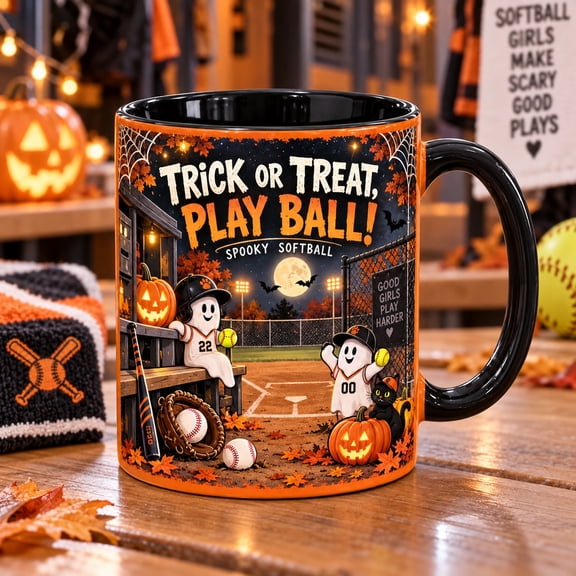 Accent Mug Spooky Softball Pumpkin Scene for Halloween Coffee Breaks