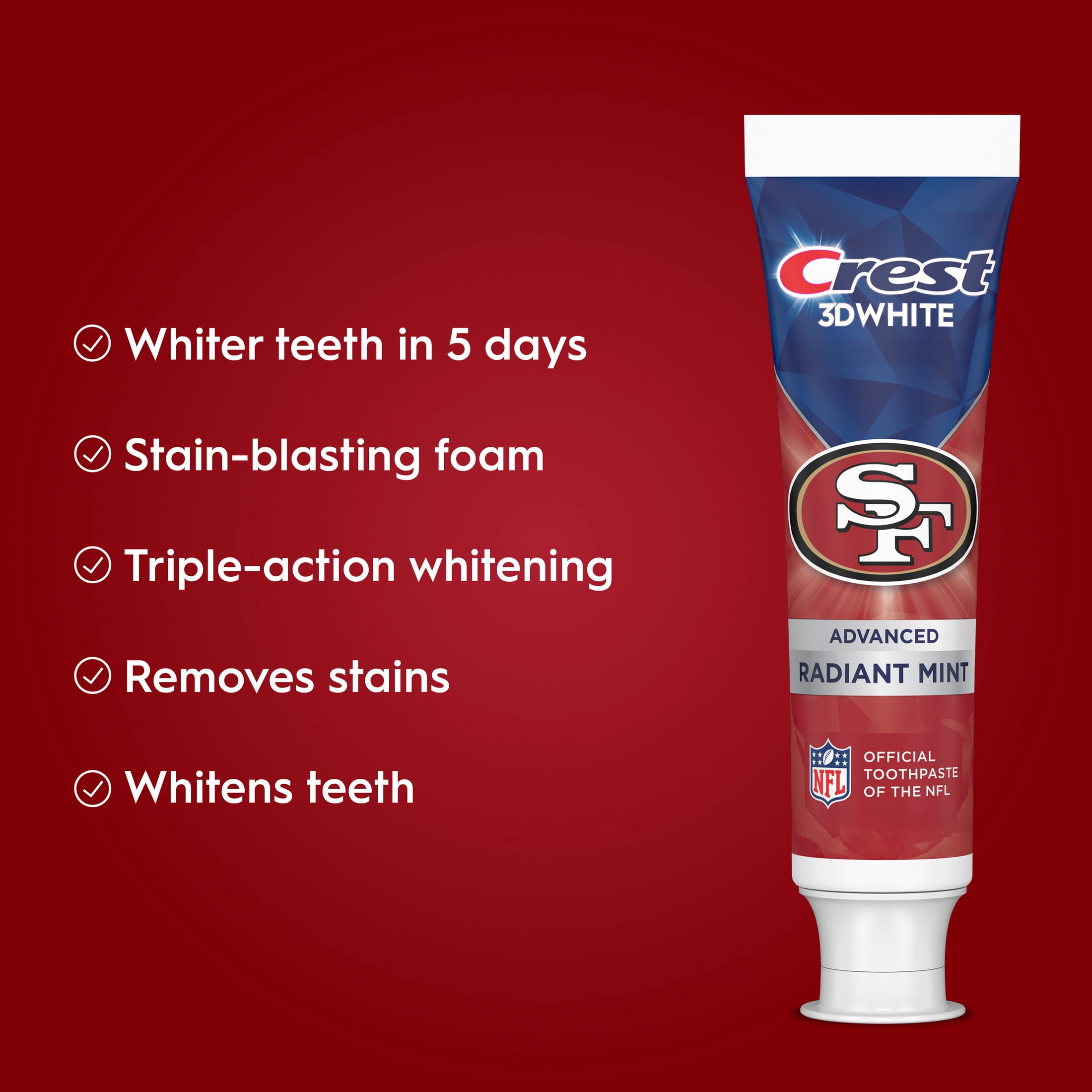 Crest 3DWhite Special NFL 49ers Edition, Toothpaste for Advanced Teeth Whitening, 3.3 oz, Pack of 2
