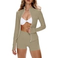 thumbnail image 2 of Domuza Women's 2 Piece Tracksuit Sets Long Sleeve Zip Up Tops and Shorts Casual Solid Color Yoga Suit Set Workout Oufit Jogger Loungewear Set Khaki L, 2 of 7