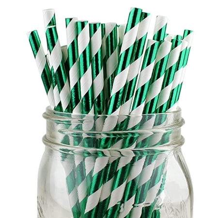 Just Artifacts 100pcs Decorative Striped Paper Straws (Striped, Metallic Kelly Green) - Decorative Paper Straws for Birthday Parties, Weddings, Baby Showers, and Life Celebrations!
