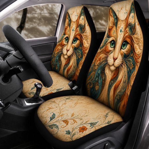 Emacom Ltd Boho Cat Face Car Seat Covers, Ornate Abstract Feline Auto Seat Protectors, Vintage Cat Car Interior Accessories