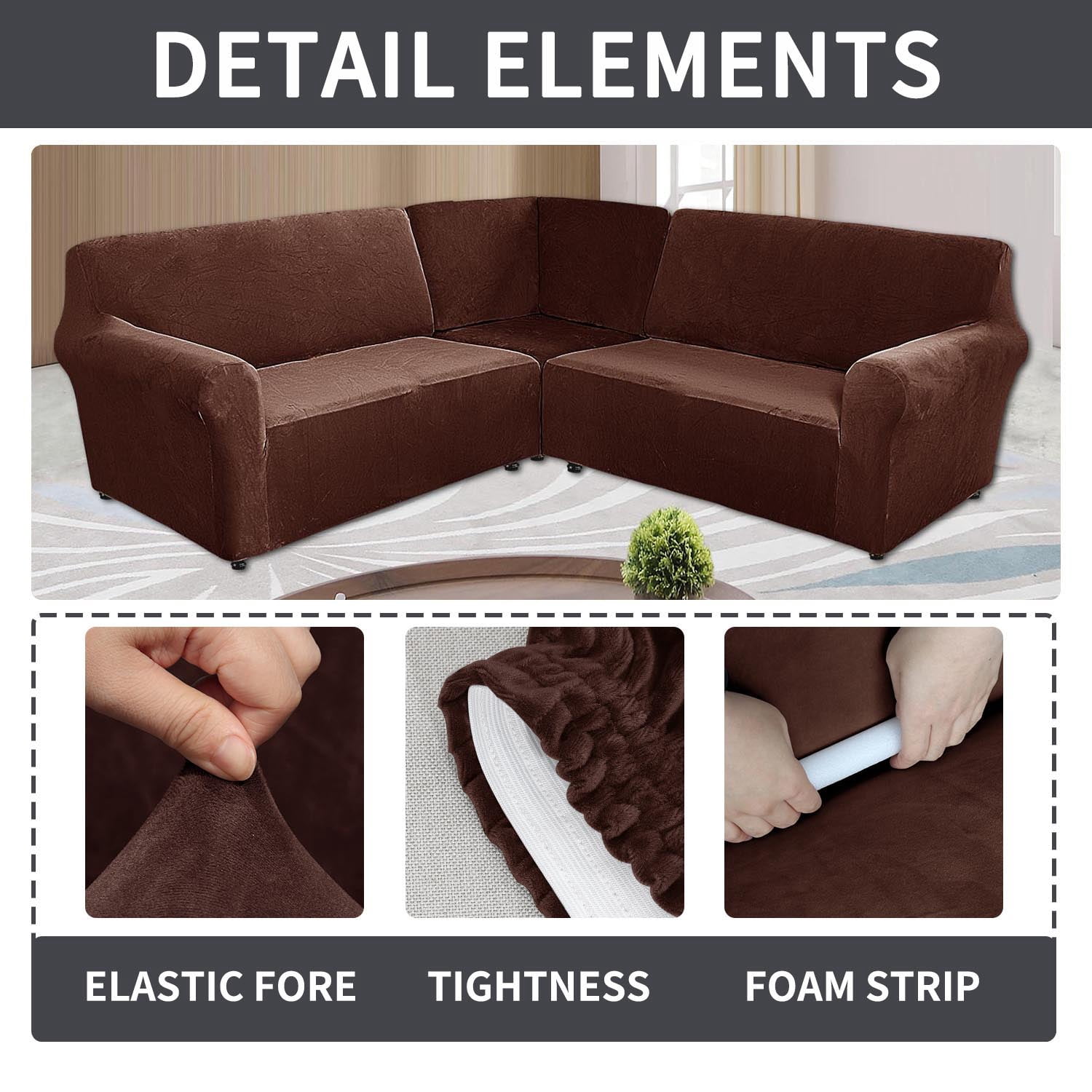 Eurhowing 5-Seater L-Shaped Sofa Cover, Stretch Velvet Soft Couch Slipcover for Sectional Corner Sofa, Non-Slip Furniture Protector, Coffee