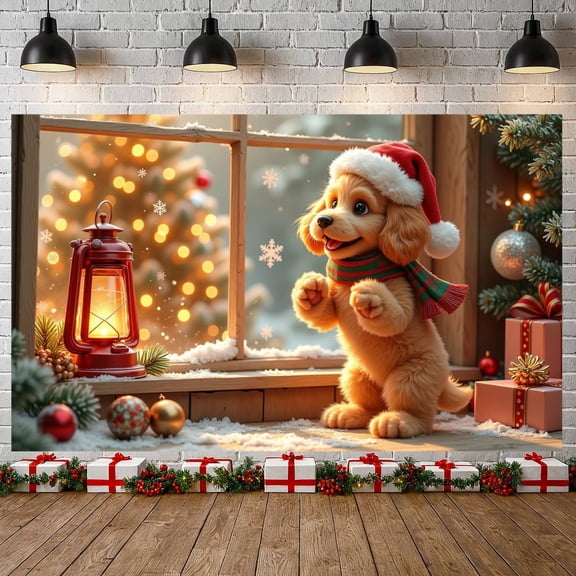 Puppy Christmas Puppy Banner Santa Hat Xmas Display Scarf Lantern Holiday Backdrop for Christmas Party Home Decor Indoor Celebration