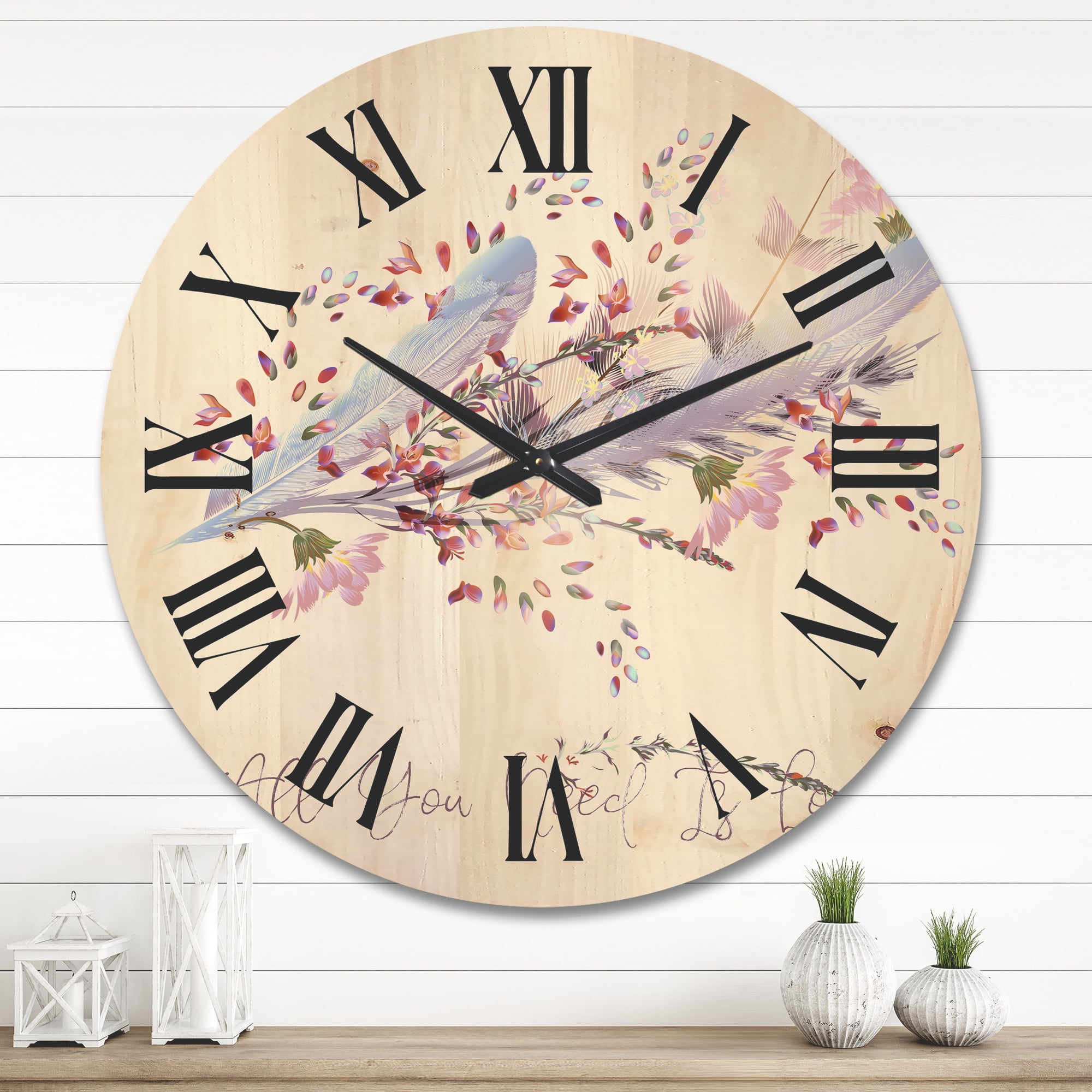 Designart 'Pink Feathers and Flowers All You Need Is Love' Bohemian & Eclectic Wood Wall Clock