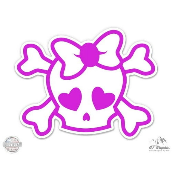 Pink Skull with Bow Cute Girly - 3" Vinyl Sticker - For Car Laptop I-Pad Phone Helmet Hard Hat - Waterproof Decal