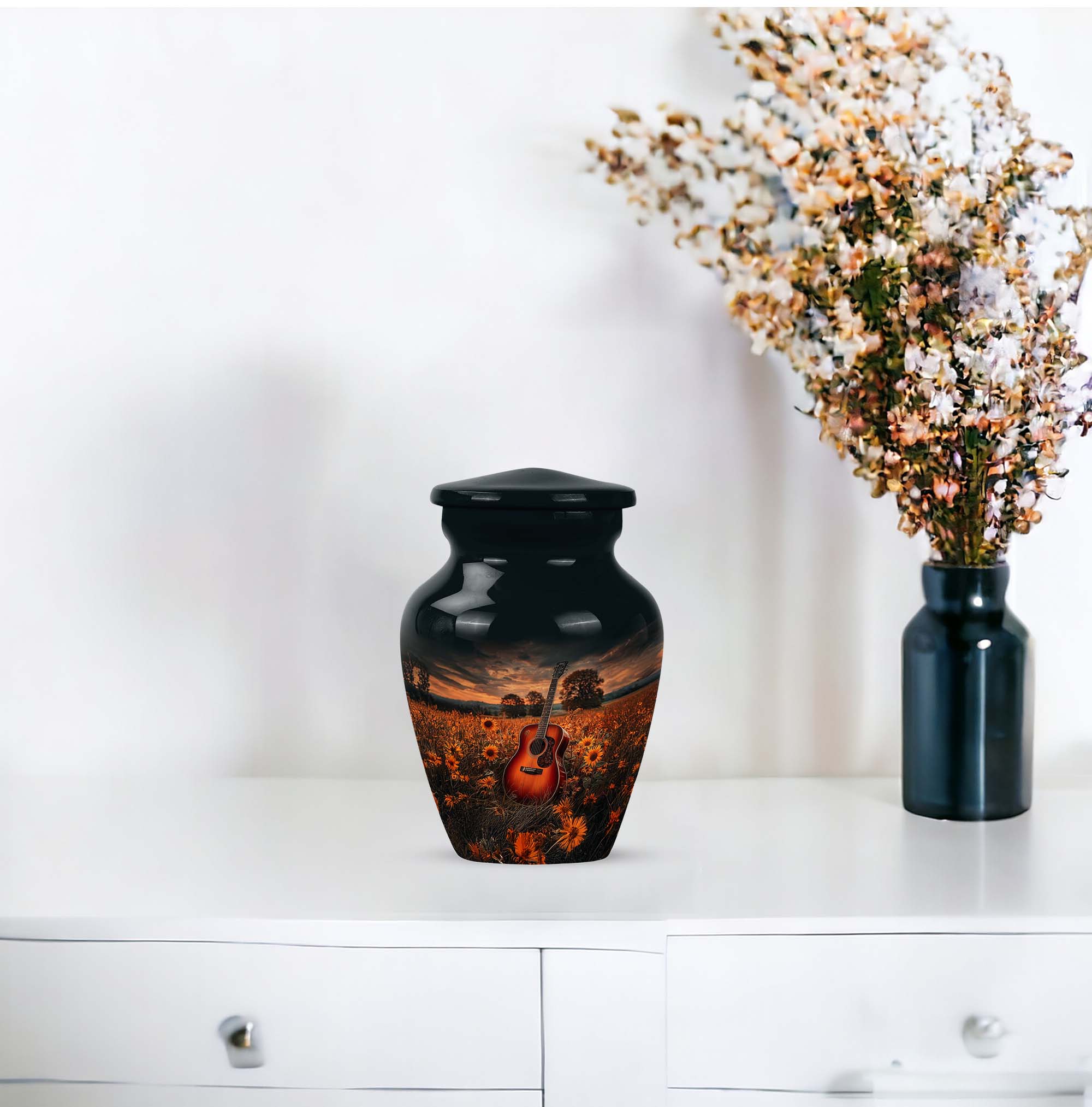Guitar Urns For Human Ashes For Adults - Brown Keepsake For Ashes For Husband And Wife - Black Small Urns For Male, 3 Inch - Burial Mini Urn For Adult Female - Keepsake Sunflower Urn For Dad