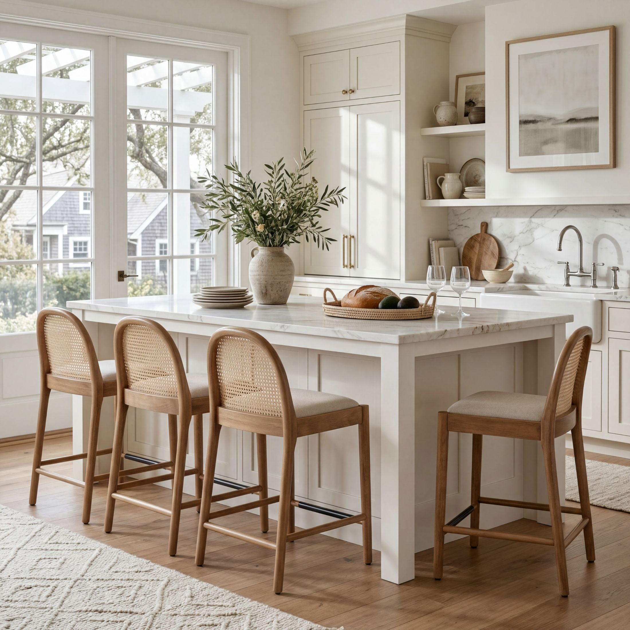 Guyou Modern Bar Stools Set of 2, 26" Counter Height Bar Stools with Natural Rattan Back and Solid Wood Frame, Linen Upholstered Kitchen Island Chairs for Bar Island Cafe Kitchen, Beige