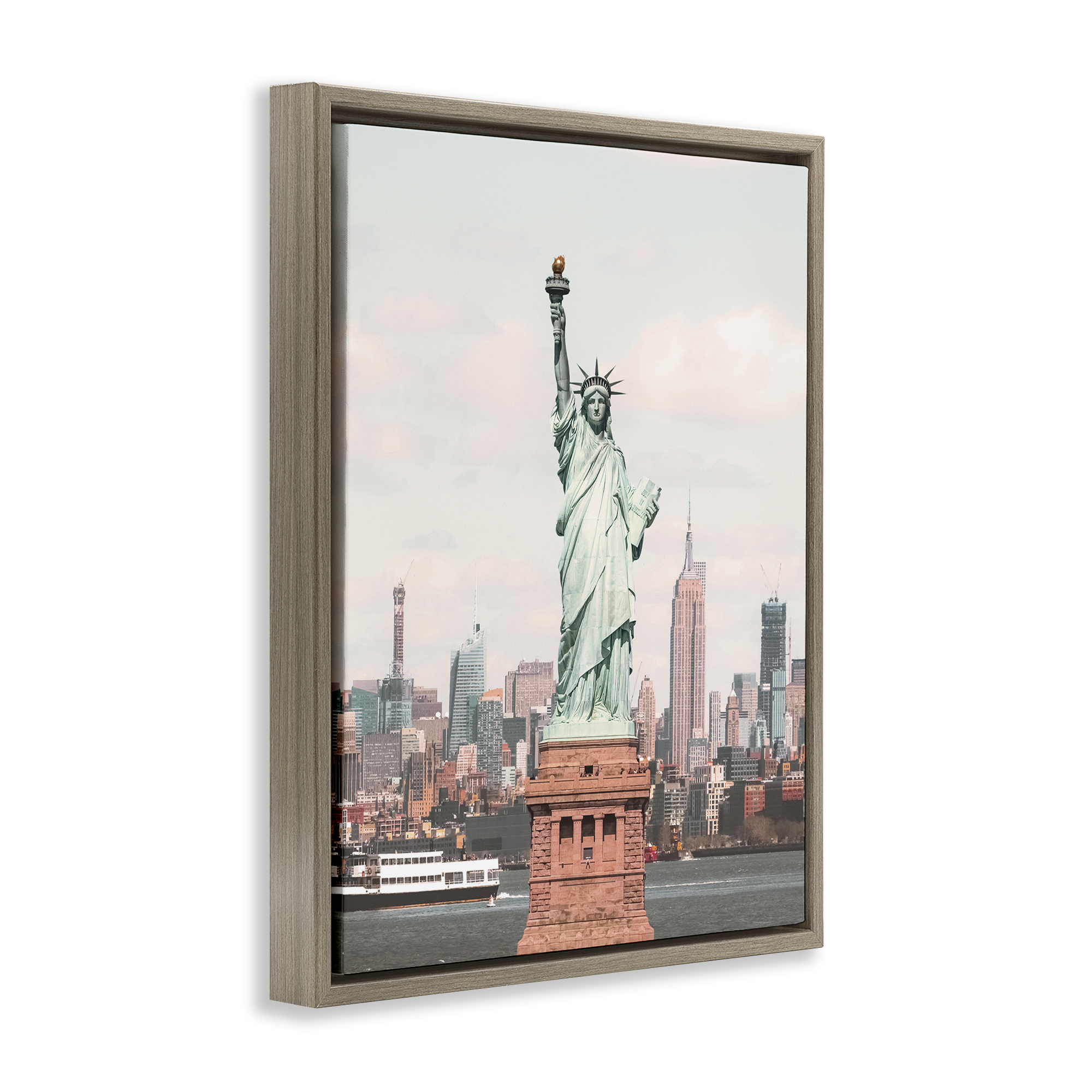 Stupell Industries Statue of Liberty Skyline Cities & Countries Photography Brown Floater Framed Canvas Art Print Wall Art, 25 x 31
