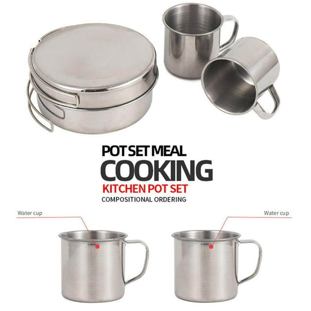 Baohd 8 Piece/Set Kids Camping Pot Pan Cup Assortment Picnicking Stainless Steel Cookware Kit Foldable Handle Dinnerware Tableware