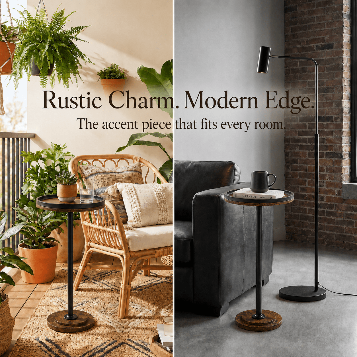 MEHOOM Round Side Table, Rustic Brown Drink Table for Small Spaces, Modern Accent End Table for Living Room, Bedroom