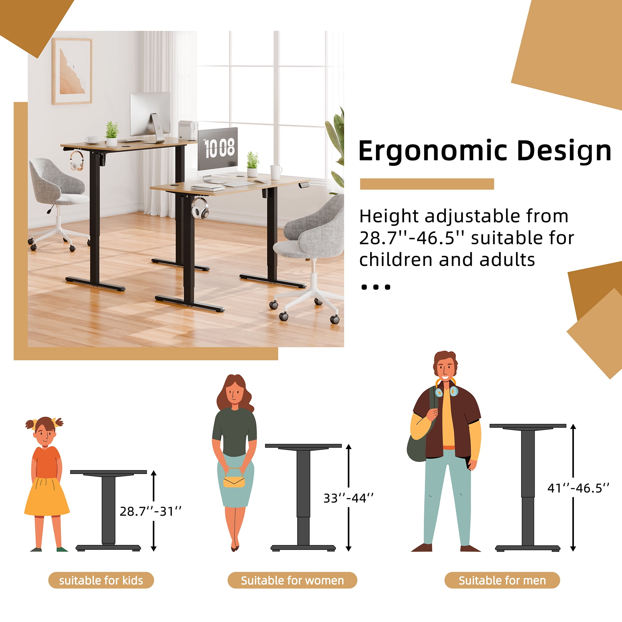 Walsunny Electric Standing Desk, Height Adjustable Desk 48" x 24" Ergonomic Stand Up Desk with Electric Lift & Memory Preset for Home Office, Walnut & Black
