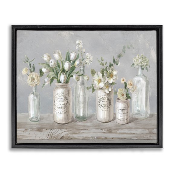 Stupell Industries Farmhouse Traditional Flower Arrangement Vases Black Floating Frame Canvas Art, 31 x 25, by Danhui Nai