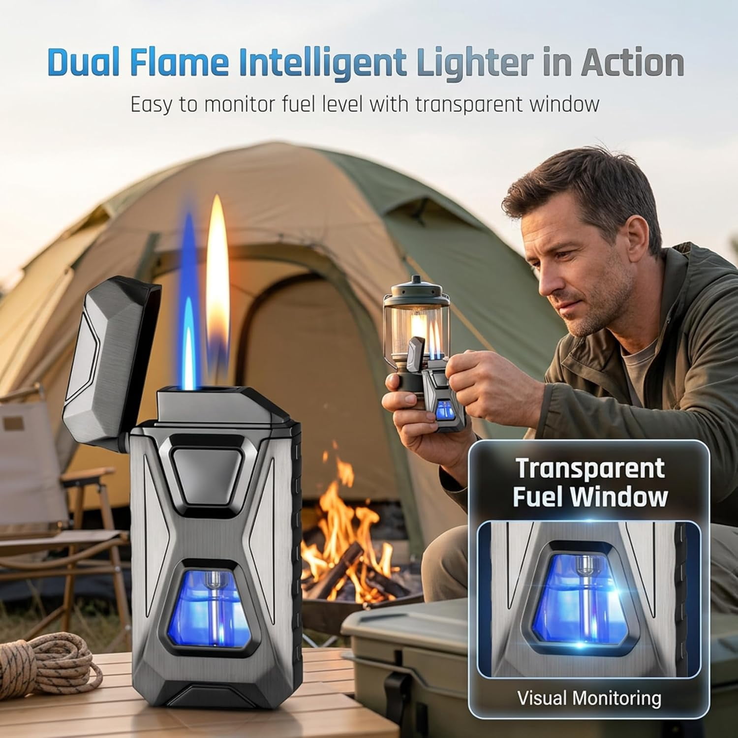 Voice Activated Lighter, Voice Activated Dual Flame Lighter (Butane Not Included) | USB Rechargeable Windproof Refillable with Visible Window (Green)