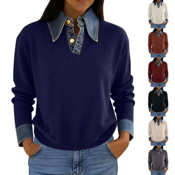 QATAINLAV Sweaters for Women with Denim Collar and Cuffs Long Sleeve Pullover 2 in 1 Denim Panel Lapel Knit Sweater Polos Shirts Coffee Free Size