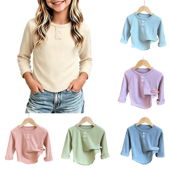 Wilark Girls Long Sleeve T Shirts Size 8, Crew Neck knitted Casual Spring Fall Kids Basic Tees Beige