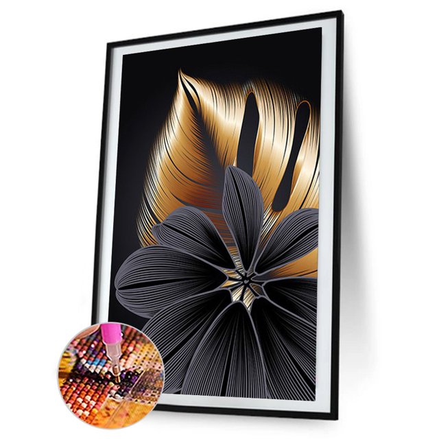 Cuadros Decorativos Kit de póster de flores de oro negro 5D con pintura de diamante de taladro redondo completo (B4132) Wdftyju embutido en tela