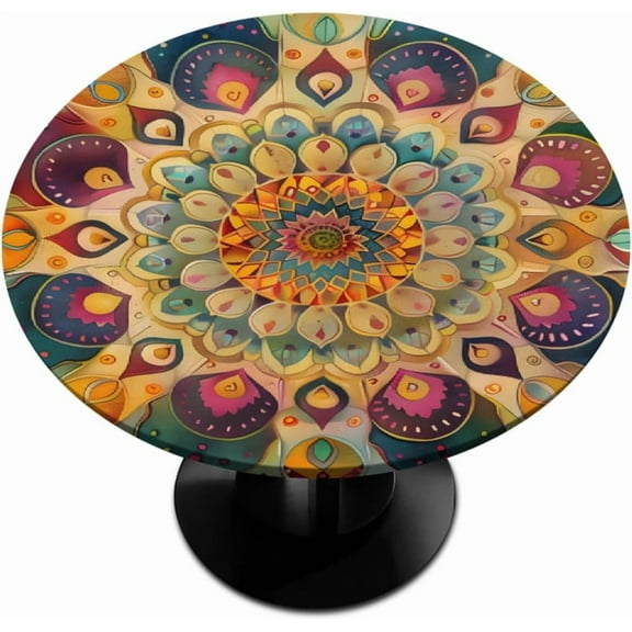 Mandal Bohemia Round Fitted Tablecloth with Elastic Table Cover Round Elastic Tablecloth, Waterproof Wipeable Fitted Table Cloth, Fits Tables up to 36"-42" Diameter
