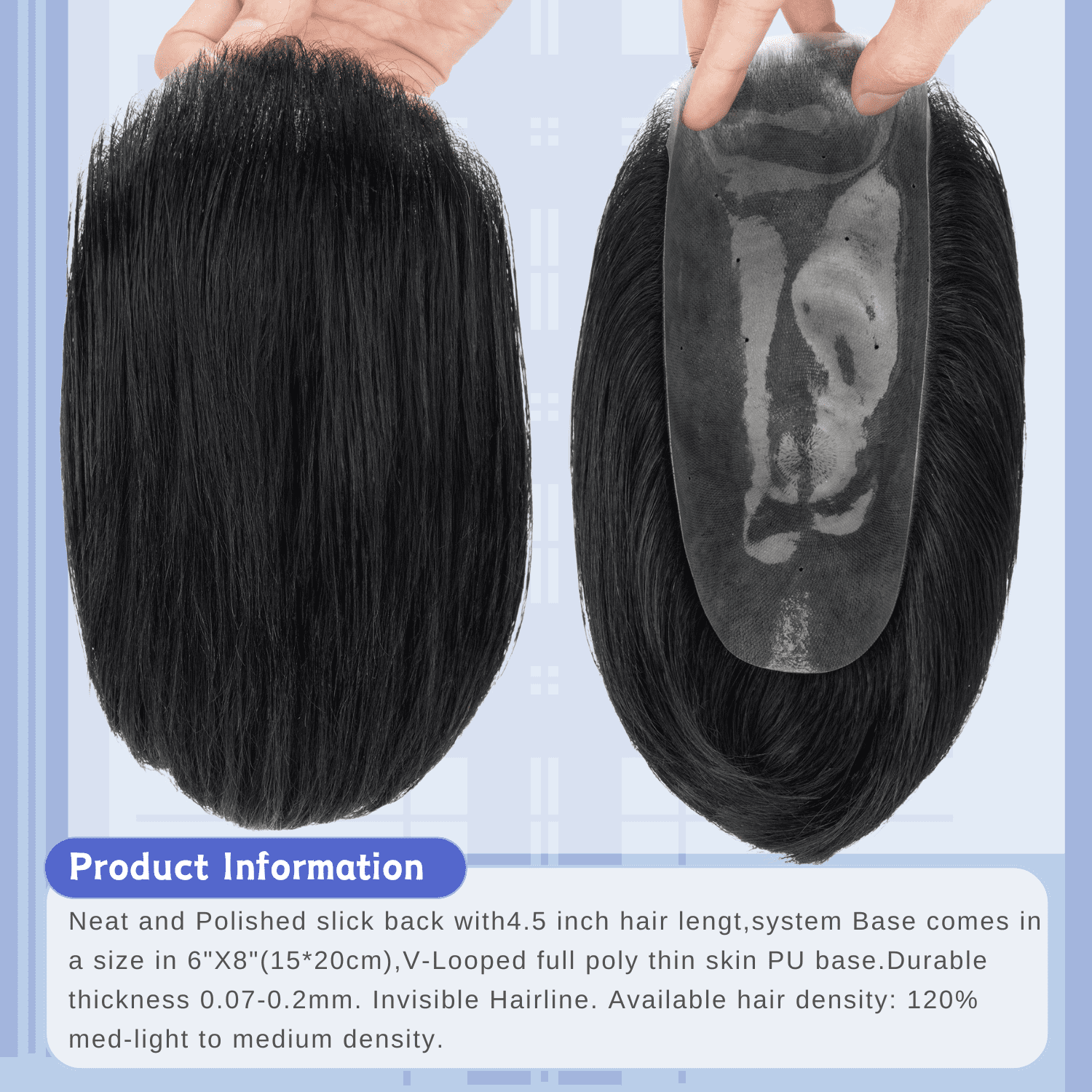Benehair Poly Skin Thin PU Base Toupee Wig Slicked Base Hairpiece Replacement Systems For Man 100% Remy Real Human Hair Topper Hair Piece 6"*8" Top Piece Natural Black 120% Density with Tape