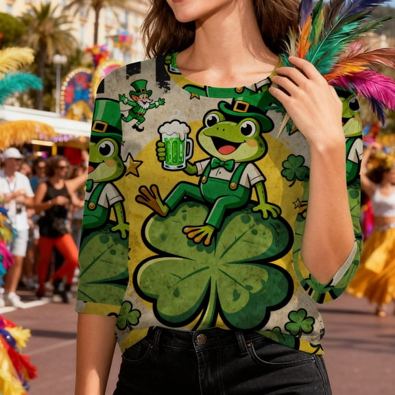 HOMBOM St.Patricks Day Shirts for Women Irish Graphic Tees Spring Multicolor 3/4 Sleeve Ladies Tshirts Crewneck