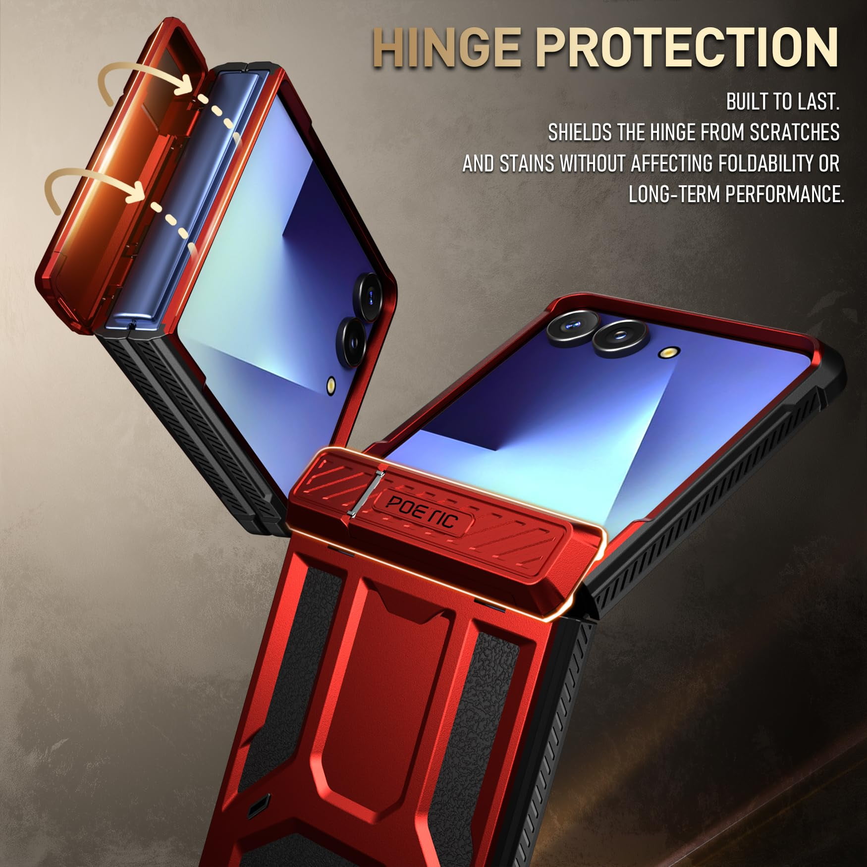 Poetic Spartan for Samsung Galaxy Z Flip 7 Case, [Kickstand] [Hinge Protection] [20FT Mil-Grade Drop Tested], Full-Body Rugged Shockproof Protective Phone Cover for Galaxy Z Flip7, Metallic Red