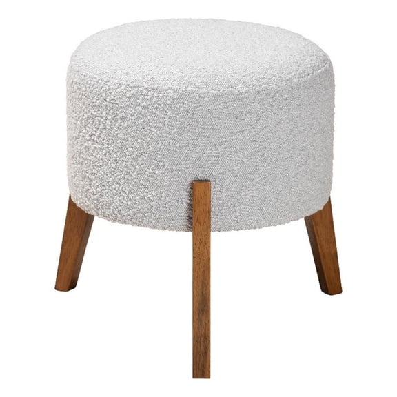 Baxton Studio Elkie Light Grey Boucle Fabric and Brown Wood Ottoman Footstool
