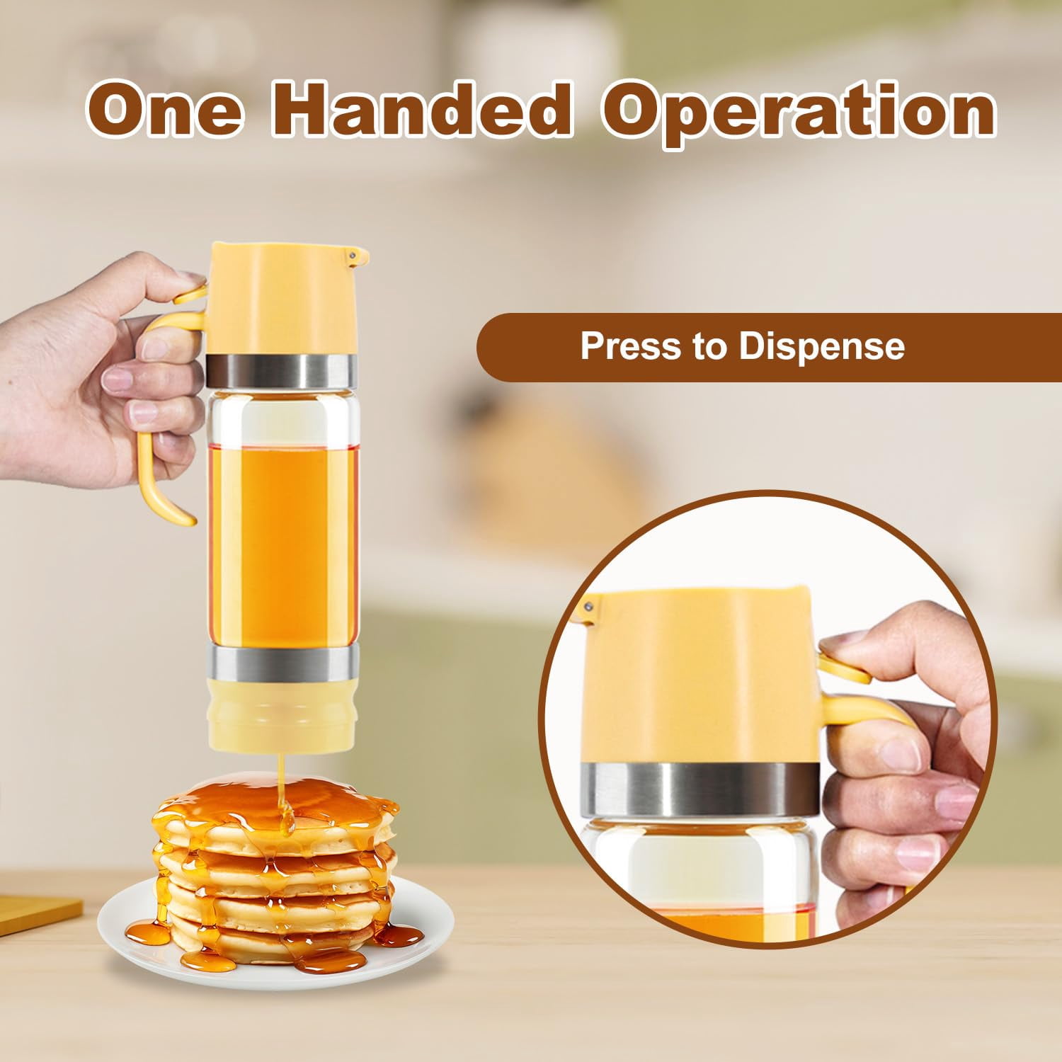 Glass Honey Dispenser with Handle, Syrup Dispenser Jar for Honey Maple Syrup and Coffee, Easy Pour Kitchen Container for Pancakes and Waffles.(12 oz)